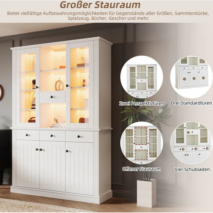Vitrine 119,5x40x180 cm in Weiß mit LED, 5 Türen und 4 Schubladen – Bild 8