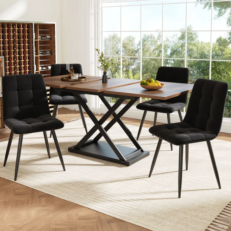 Esstisch Set mit 4 Stühlen Ausziehtisch 120-160x80 cm Metallkreuzbeine Samtstühle Essgruppe Küchentisch Esszimmer Walnuss & Schwarz – Bild 2