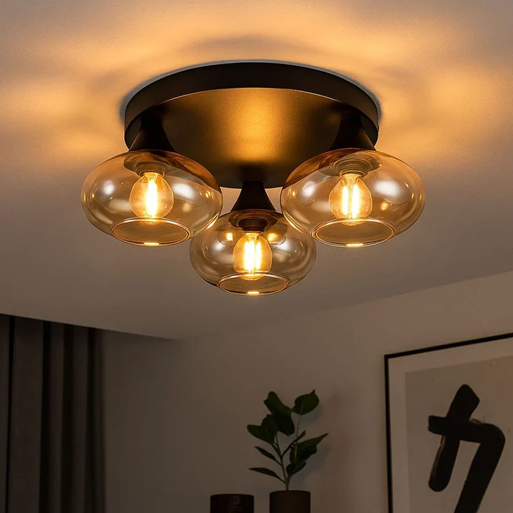 LED Deckenleuchte, Metall schwarz, Glas amberfarben, D 39 cm – Bild 4