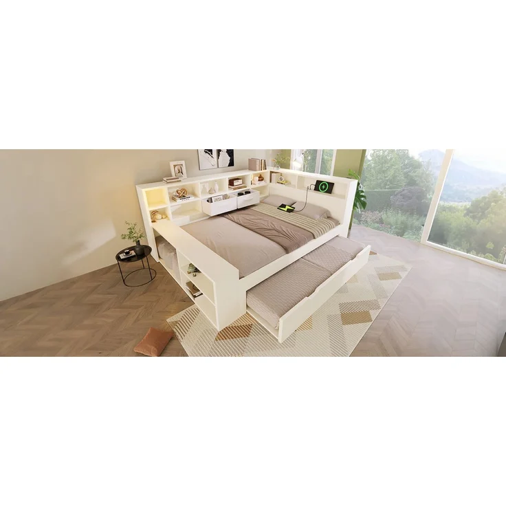 TavilaEcon Stauraumbett Holzbett mit Ausziehbett, 8 Staufächern & USB-/Type-C-Ladeanschlüssen weiß Liegefläche 140 × 200 cm – Bild 3