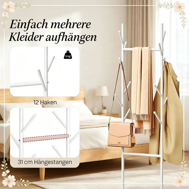 Garderobenständer 41 x 175 x 41 cm aus Metall mit 12 Haken und Aufbewahrungskorb, Weiß – Bild 5