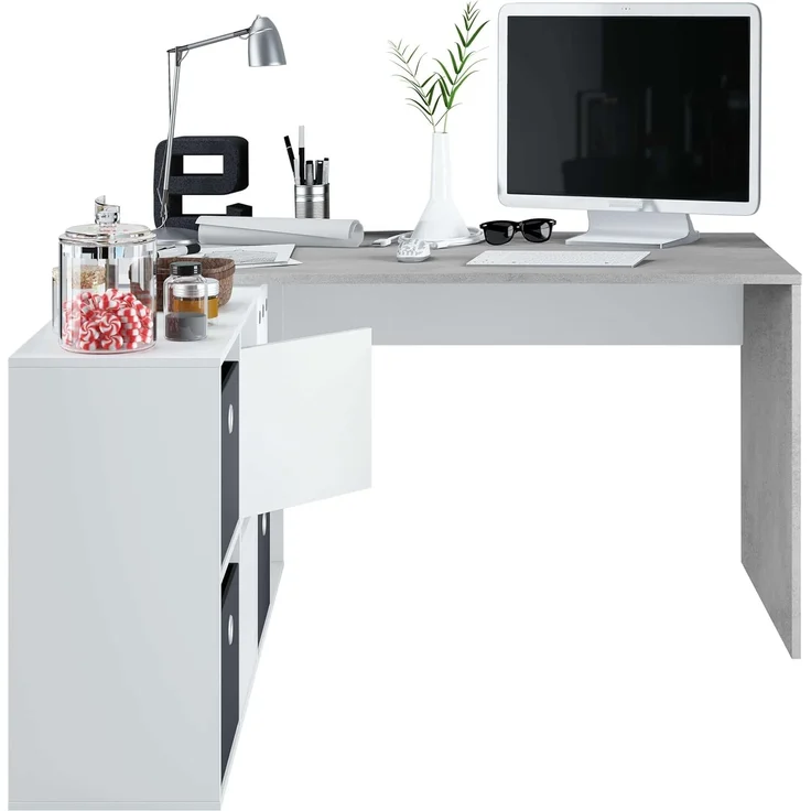 Habitdesign, Schreibtisch – flexibler PC-Tisch in Artik weiß und Zementgrau, rechts, links oder gerade aufstellbar, Maße: 136–203x66–139x74 cm (B x H x T), ideal für Homeoffice, Modell Adapta Plus – Bild 7