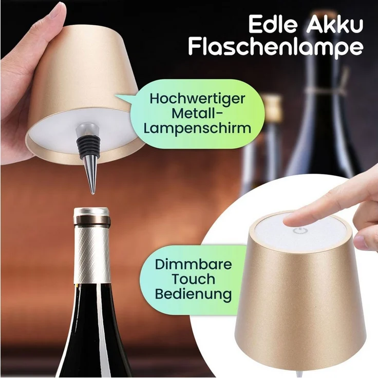 shop'n smile ideoon LED Tischleuchte Akku Flaschenlampe dimmbar LEDs in 3 Lichtfarben Ø 10,5 x14,5 cm Touch, LEDs mit 3 auswählbaren Lichtfarben, Kaltweiss / Warmweiss / Naturweiss, USB-C-Aufladung inkl. Kabel, Metall-Lampenschirm, in Gold – Bild 4