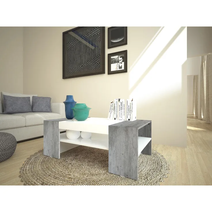 Couchtisch >Cesena< in Weiß-Hochglanz/Beton - 110x40x60cm (BxHxT)