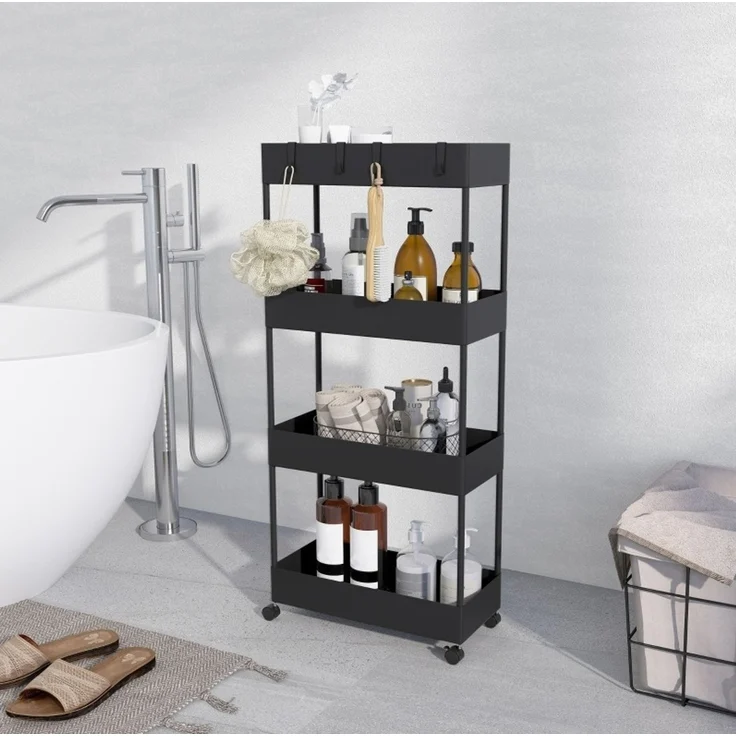 Küchenwagen mit 4 Ebenen, Rollen und Haken, 40x19x90 cm, Schwarz – Bild 3