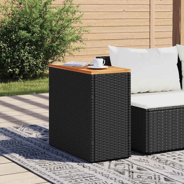 Gartentisch, Beistelltisch, Balkontisch mit Holzplatte Schwarz 58 x 27,5 x 55 cm Poly Rattan – Bild 3