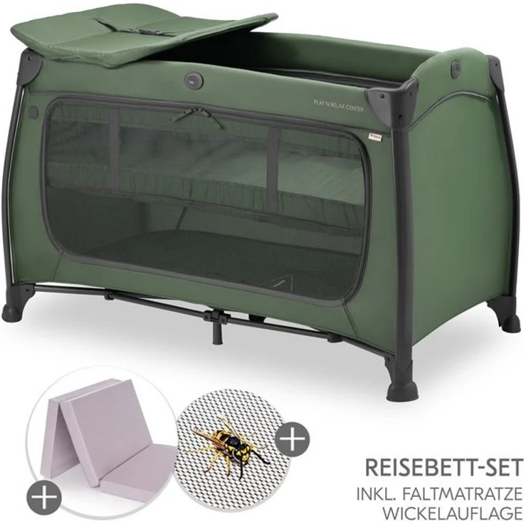 Hauck Baby-Reisebett Play'n Relax Center - Dark Green, Babyreisebett mit Matratze, Insektenschutz, Wickelauflage, Einhang – Bild 4