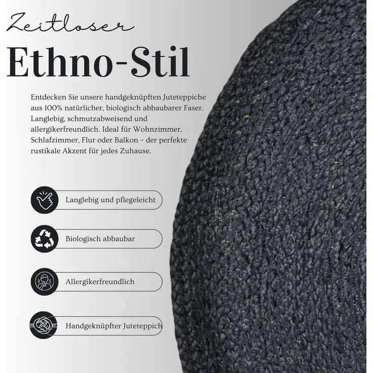 Marrakesch Orient & Mediterran Interior Teppich Ethno Boho Deko Jute Teppich Abrila Rund 100cm Schwarz, Handarbeit – Bild 1