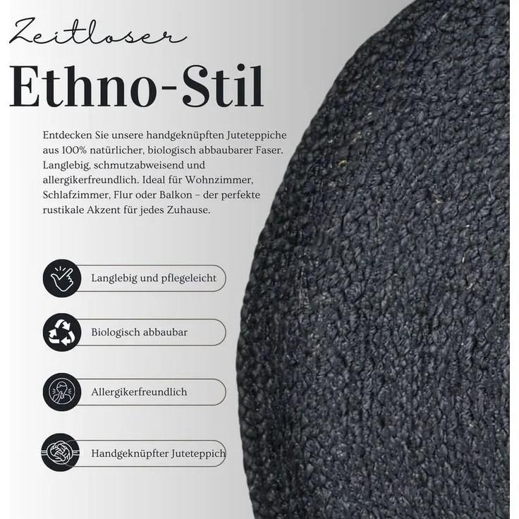 Marrakesch Orient & Mediterran Interior Teppich Ethno Boho Deko Jute Teppich Abrila Rund 100cm Schwarz, Handarbeit