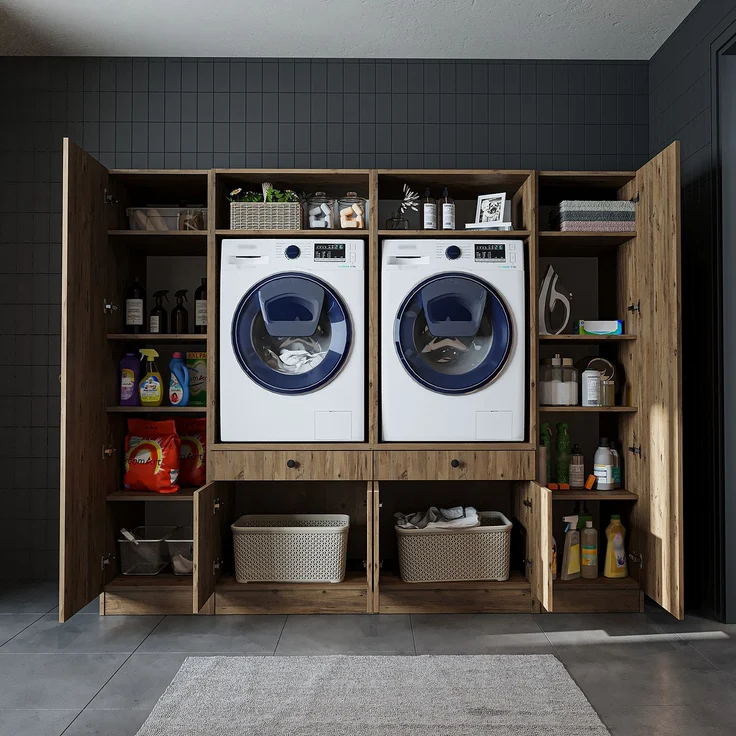 Roomart Waschmaschinenumbauschrank & Schrankwand für Waschküche - SERIE 1 - | 224 cm breit | Waschmaschine & Trockner | Mit Ausziehbrett | Hauswirtschaftsraum Möbel • Eiche – Bild 4