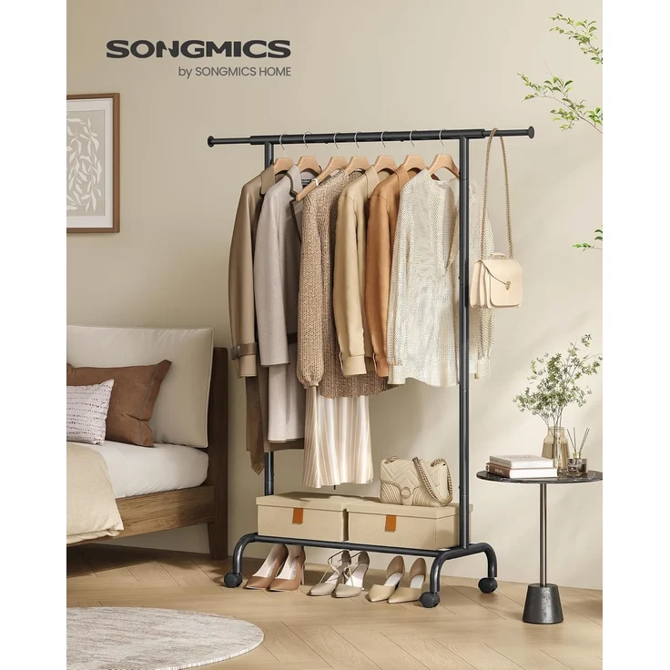 SONGMICS Kleiderständer auf Rollen, ausziehbare Kleiderstange, Garderobenständer aus Stahlrohren, erhöhte Ablagestange, 40 x (83-120) x 156 cm, tintenschwarz HSR134B01 – Bild 2