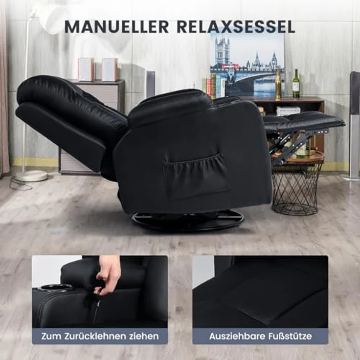 COMHOMA Relaxsessel Fernsehsessel mit verstellbarer Rückenlehne und Fußstütze,360°drehbarer Loungesessel aus PU-Leder mit Getränkehaltern und Seitentaschen,ergonomische Ganzkörperunterstützung,Schwarz – Bild 6