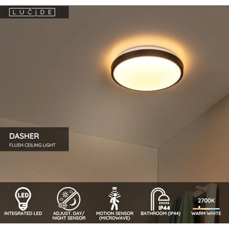 LUCIDE DASHER Deckenleuchte Badezimmer, Ø 29,3 cm, LED 12W 2700K, IP44, Bewegungssensor, Schwarz – Bild 3