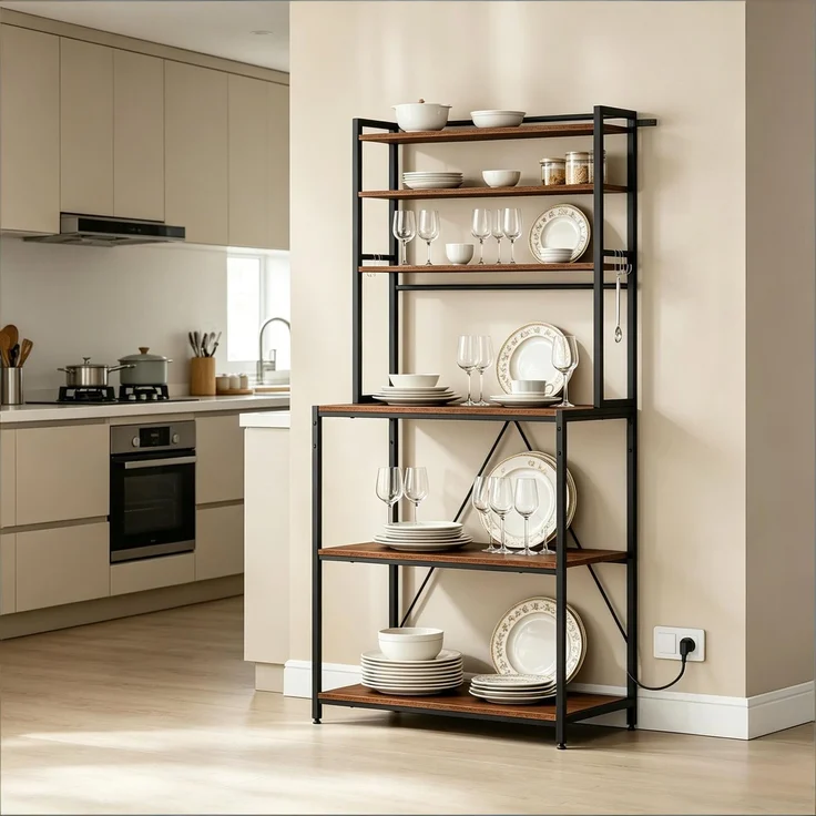 Moderner Stil Display-Regal,Coffee Bar Station,Küchenregal mit Steckdosen,Küchenkomode,Mini Küche Arbeitsstation--Rustikales Braun--40x80x167cm--YOUDENOVA – Bild 1