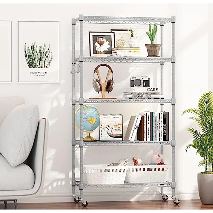Regal mit 5 Regalböden und Rädern, Robustes Metalldrahtregal mit Haken, höhenverstellbar, für Badezimmer, Küche, Garage (76 x 35 x 158 cm), Silber – Bild 3