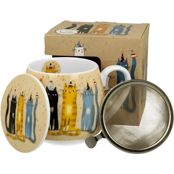 DUO ART GALLERY Fassbecher 430 ml CAT'S WORLD – PARTY mit Teesieb, New Bone China Porzellan