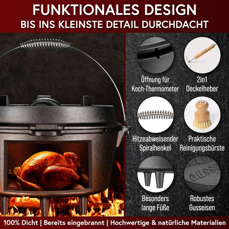 Dutch Oven 12 l mit Füßen – eingebrannt & sofort einsatzbereit, inkl. 2in1 Deckelheber, Reinigungsbürste, Rezeptbuch & Pflegeanleitung – Bild 3