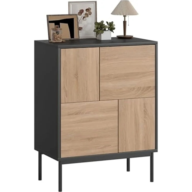HOMCOM Sideboard mit Push-to-Open-Türen, Metallbeine (Kommode, 1 St, Aufbewahrungsschrank), für Küche, Esszimmer, Wohnzimmer, Schwarz+Naturholz – Bild 1