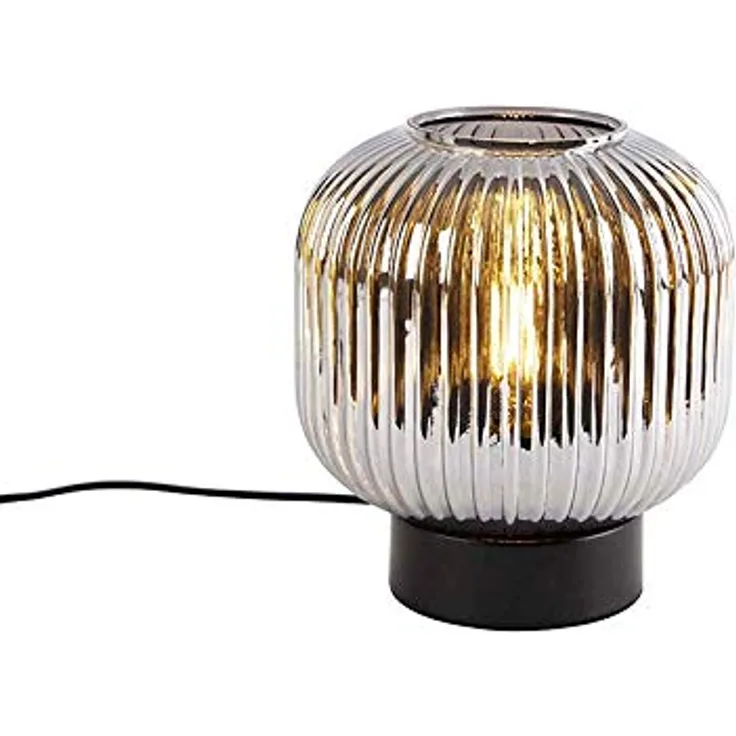 QAZQA Art Deco Tischlampe Karel I, schwarz mit Rauchglas, rund, LED geeignet E27, dimmbar, 20 cm Durchmesser, 22 cm Höhe