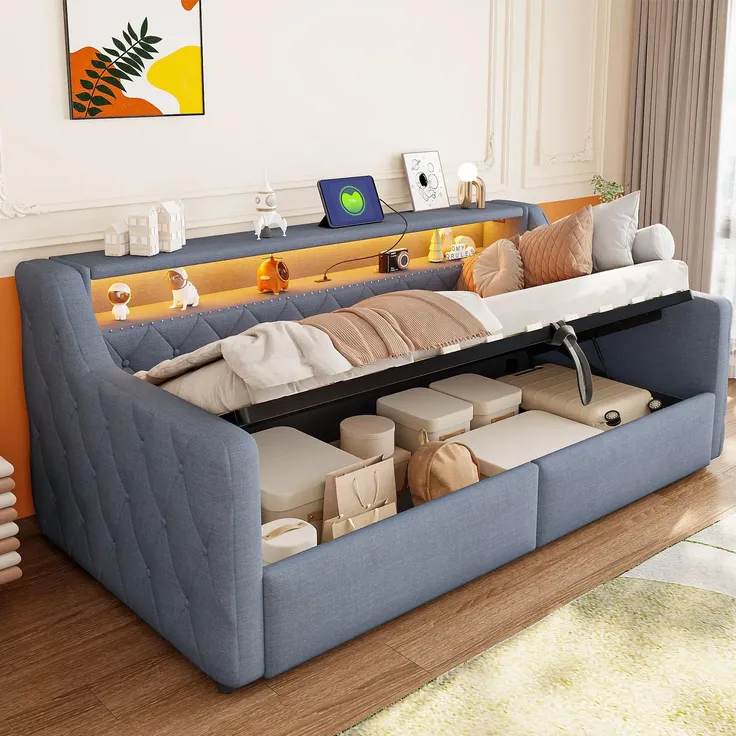 Schlafsofa mit LED-Beleuchtung und Aufbewahrung, Polsterbett mit Lattenrost, 90x200 cm, Einzelbett, Jugendbett, Leinen