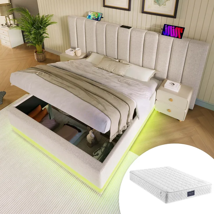 Polsterbett Leinen mit Stauraum, LED & USB-Anschluss, 247x211x112 cm, Beige, ohne Matratze