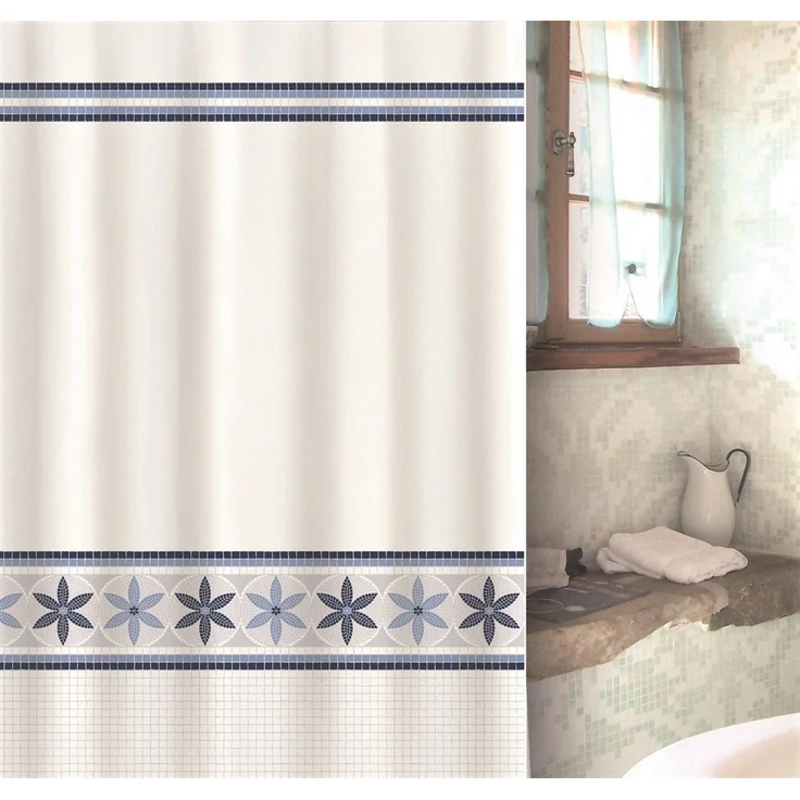 MSV Duschvorhang Cotexsa OLIMPO Breite 180 cm, Textil-Duschvorhang, Made in Spain, 100% Polyester, wasserundurchlässig, Anti-Schimmel-Effekt, Anti-Bakteriell beschichtet, waschbar 30°, 180 x 200 cm, klassisches Motiv, Farbe weiß / blau – Bild 3
