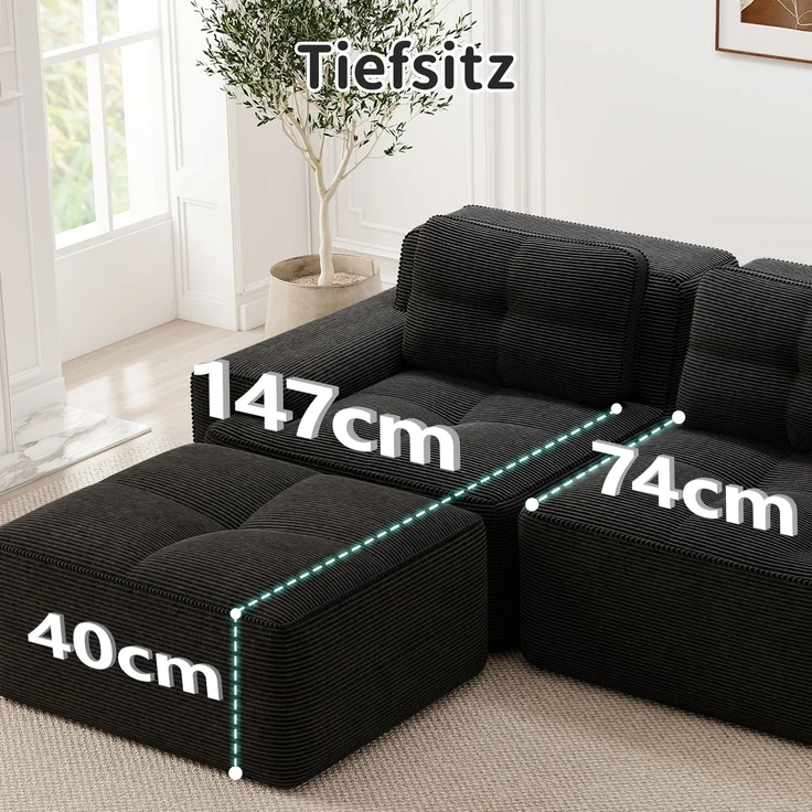 EINHOM Boneless Sofas für Wohnzimmer, Modulares Sofa mit L-förmiger Chaiselongue, 4-Sitzer Bequem Polstertes Tiefsitz Corduroy-Cloud-Sofa, Montagefreies Sofa, Rutschfestes Design, Schwarz – Bild 5