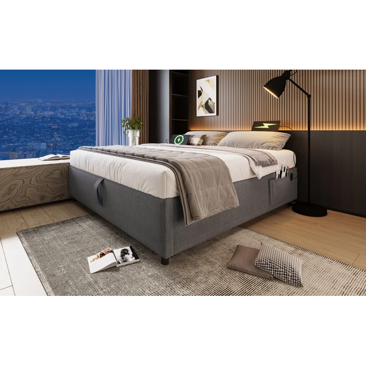 Bettgestell, Baumwoll-Leinen mit Stauraum & USB-Anschluss, 140x200 cm, Grau, ohne Matratze – Bild 4