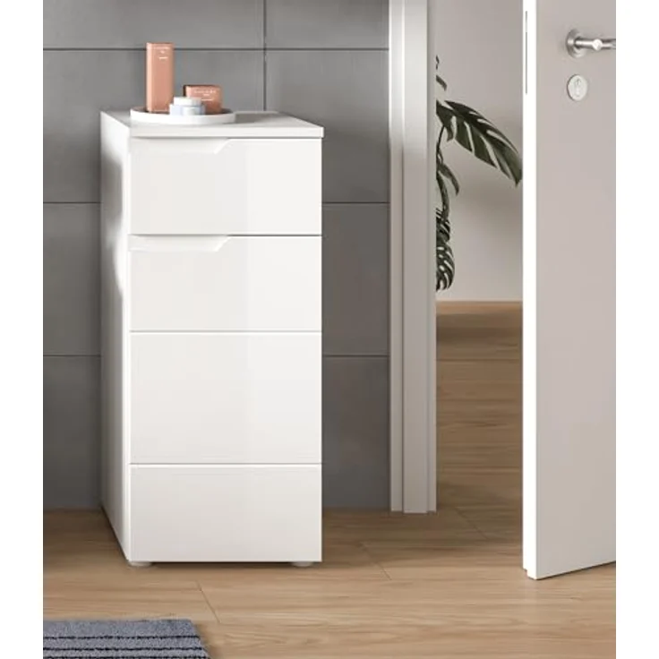 xonox. home Bad Solero X7WA9701 Standschrank Standmöbel Stauraumschrank Kompaktschrank in Weiß Nachbildung und weiß Hochglanz tiefzieh, ca. B/H/T: 38 x 87 x 34 cm – Bild 3