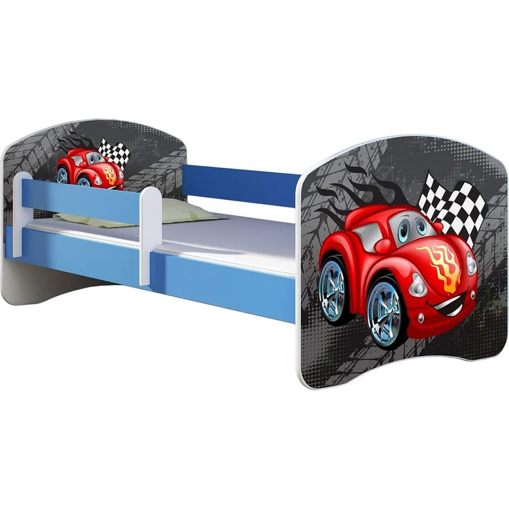 ACMA Kinderbett Jugendbett mit Einer Schublade und Matratze Blau mit Rausfallschutz Lattenrost II 140x70 160x80 180x80 (05 Rote Auto, 140x70) – Bild 1