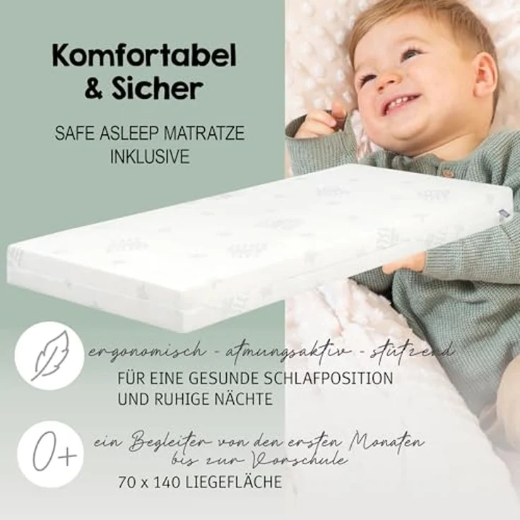 roba Komplettbettset Woodland Buddies - Babybett 70 x 140 cm aus Holz inkl. Matratze, Bettwäsche, Himmel & Himmelstange - Mitwachsendes Kinderbett ab 6 Monate - Weiß – Bild 6