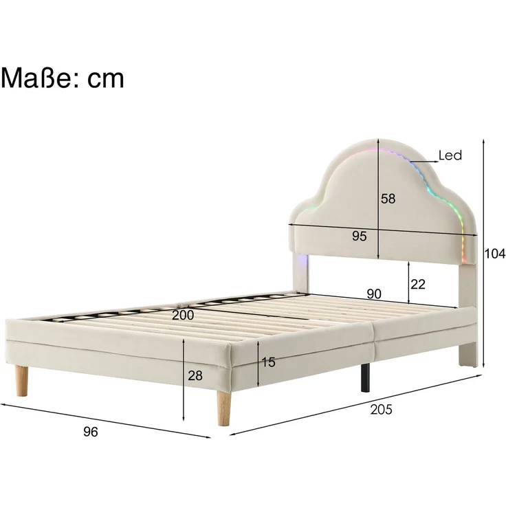 Polsterbett mit RGB LED-Beleuchtung und Lattenrost, 90x200 cm, Einzelbett mit Kopfteil und Lattenrost, Jugendbett, Samt – Bild 5