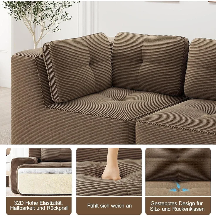 3 Sitzer Sofa Ecksofa Cordstoff Polsterung Armlehnen Braun 3-Sitzer – Bild 7