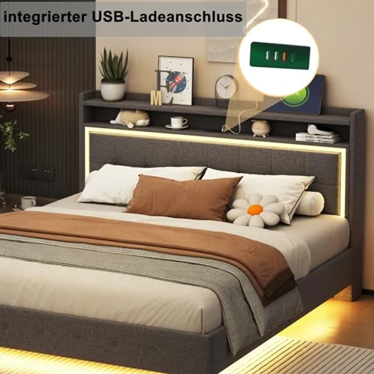 Ball & Cast Polsterbett 160x200 cm, Doppelbettgestell, Bettrahmen mit Beleuchtung und Ladestation, Bettgestell mit Kopfteil, Bett Schwebebettrahmen, Leinen, Grau – Bild 5