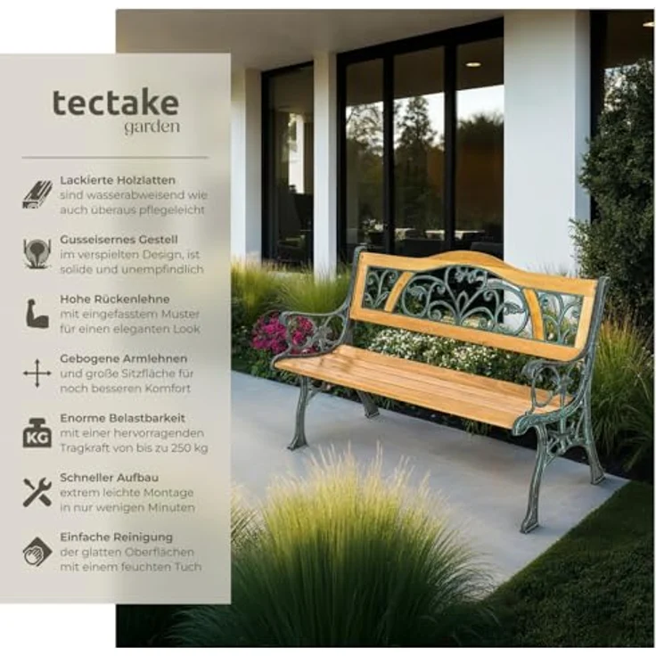 tectake Gartenbank Sitzbank Kathi 2-Sitzer aus Holz und Gusseisen 124x60x83cm, 2-Sitzer – Bild 4