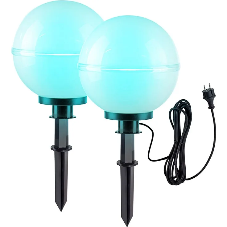 2x RGB LED Steckleuchten, Kugel, weiß, Erdspieß, Kabel, D 30 cm