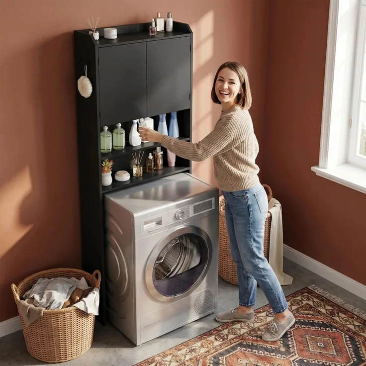 Halupeit Multifunktionales, freistehendes Badezimmerregal – Regal für über Waschmaschine oder WC mit Doppeltüren und verstellbaren Einlegeböden– Badezimmer-Aufbewahrungsregal, Schwarz, 24,5 x 65,5 x 185,5 cm