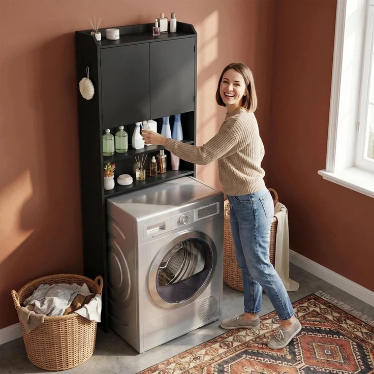 Halupeit Multifunktionales, freistehendes Badezimmerregal – Regal für über Waschmaschine oder WC mit Doppeltüren und verstellbaren Einlegeböden– Badezimmer-Aufbewahrungsregal, Schwarz, 24,5 x 65,5 x 185,5 cm – Bild 1