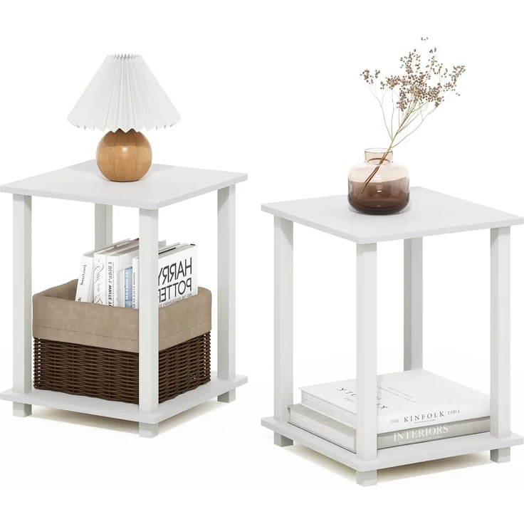 Furinno Simplistic Sofatisch, Couchtisch, Beistelltisch, mit 2 Ebenen, Holzwerkstoff, Weiß/Weiß, 2er-Set
