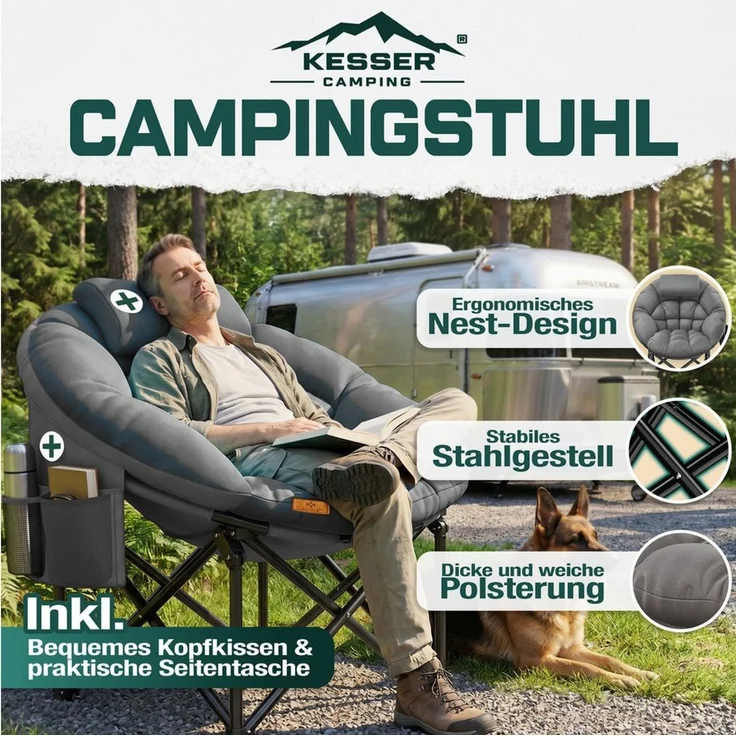 KESSER® Campingstuhl Chillexer faltbar 150 Kg Klappstuhl ultraleicht und breit, dickes Polster mit bequemen Kissen und Seitentasche, Cover, Outdoor + Indoor - rund, Camping, Angeln, Festival, Strand Grau – Bild 2