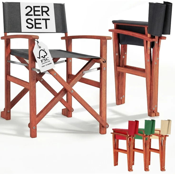 CASARIA® 2er Set Regiestuhl aus FSC® Eukalyptusholz Anthrazit – Bild 2