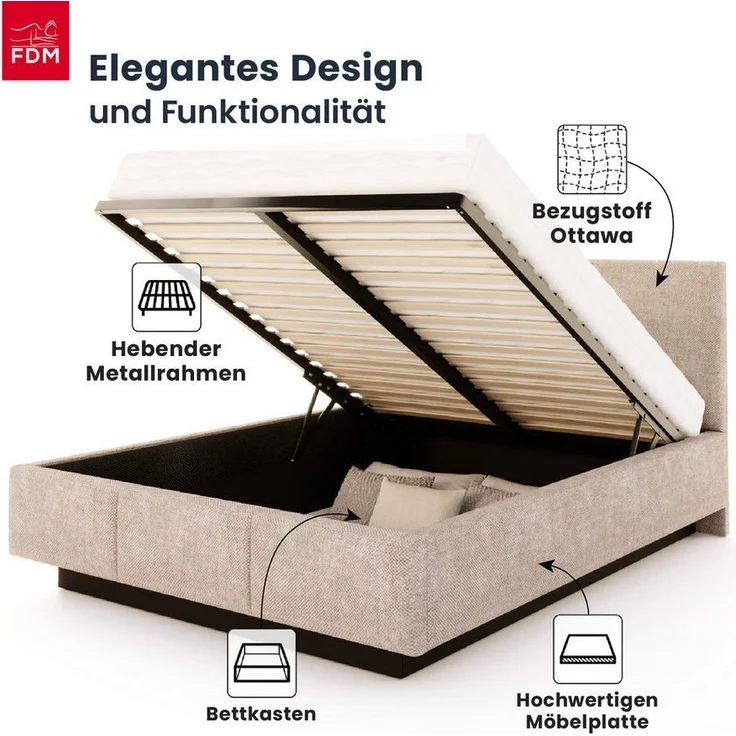 FDM Polsterbett ALMADA modern mit Bettkasten MADE IN EU - mit Ottawa Bezug (verfügbar 90x200 120x200 140x200 160x200 180x200cm, Bettrahmen, Bett, mit großen gepolsterten Kopfteil, mit Bettkasten zum aufklappen), Hebbarer Metallrahmen, Bettkasten – Bild 2