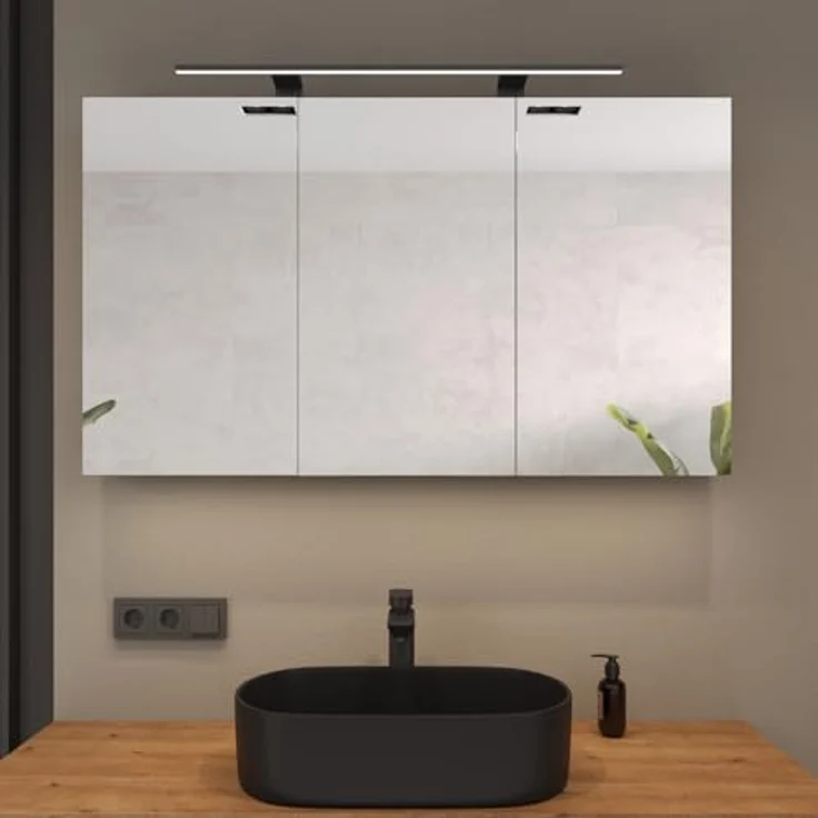 Planetmöbel ARIA Spiegelschrank Bad mit Beleuchtung 120 cm breit | Badschrank hängend mit Spiegel | Gold Eiche, mit Leuchte und Steckdose, Spiegelschrank Gäste WC 120 x 70 x 16 cm – Bild 3