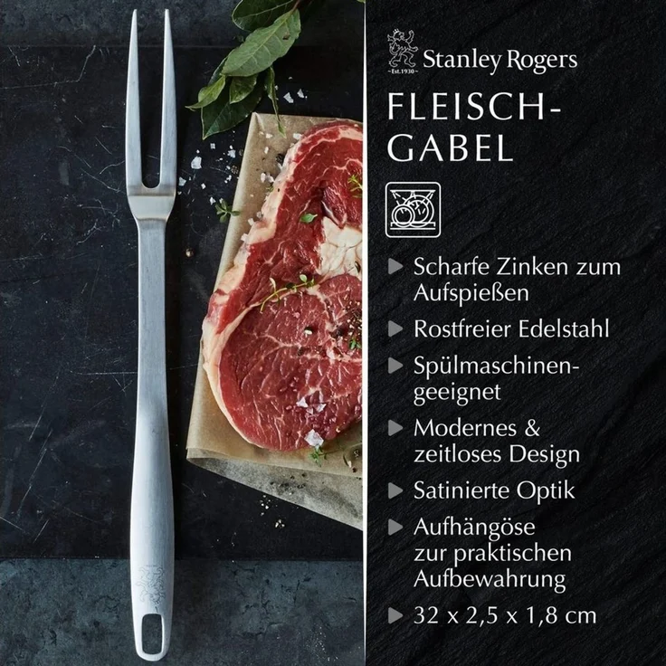 Stanley Rogers Fleischgabel, Edelstahl Silber, 31,5 cm – Bild 2