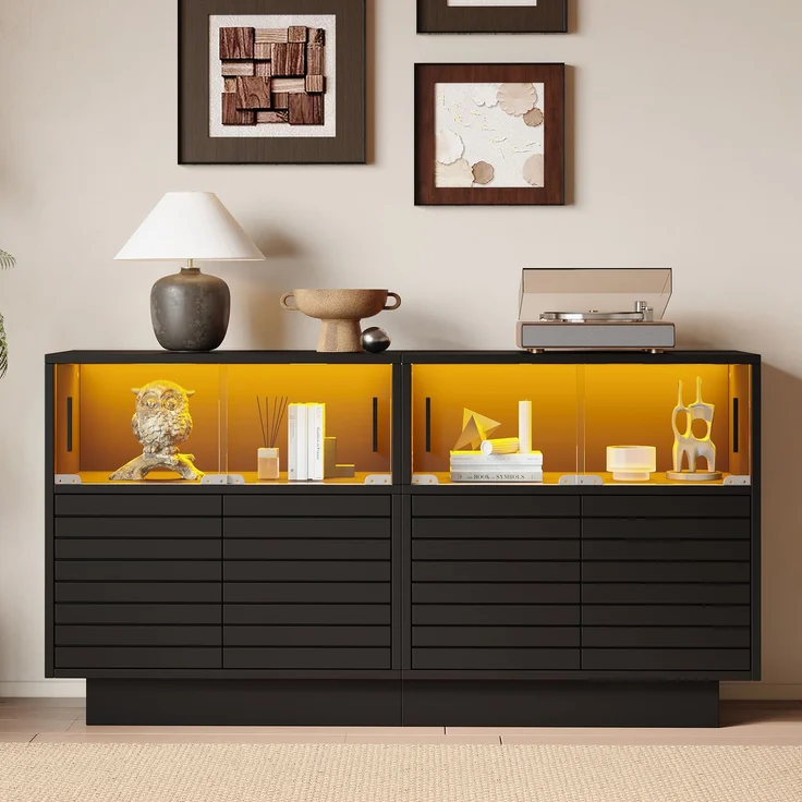ZUBALIYA Sideboard 130x35x68 cm, mit LED-Beleuchtung, mit Glastüren, aus Spanplatte, Schwarz – Bild 23