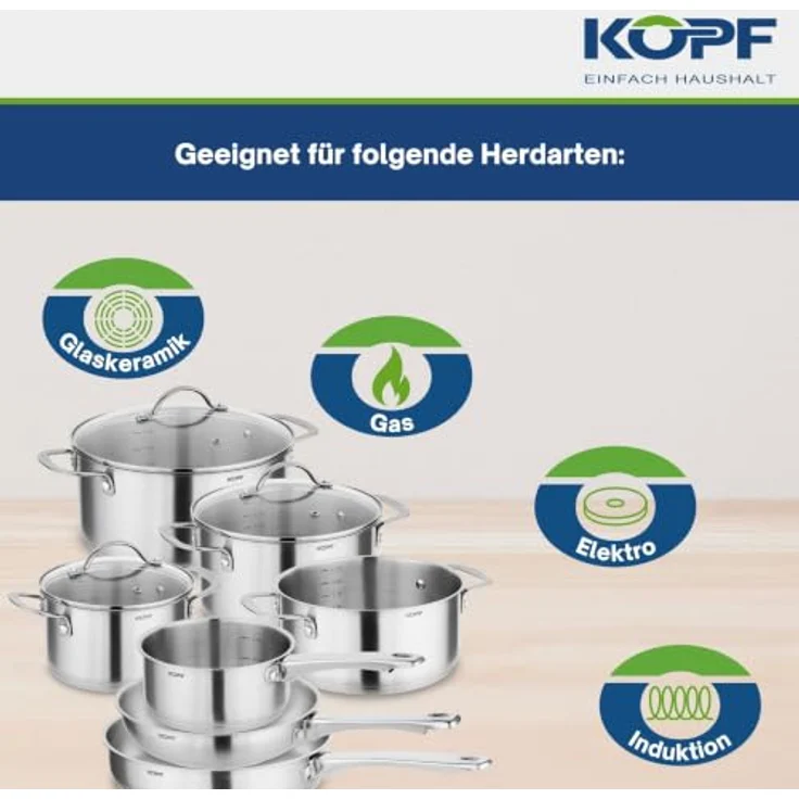 Kopf Topf-Set Clara, Edelstahl, 10-teilig mit 4 Kochtöpfen, Bratpfanne, Schmorpfanne, Stielkasserolle und 3 Glasdeckeln, für alle Herdarten inkl. Induktion, spülmaschinengeeignet und backofenfest – Bild 4