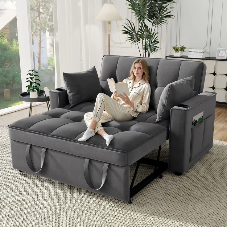Schlafsofa Samt 3-in-1 verstellbar, 137 x 76.5 x 83 cm – Zweisitzer mit ausziehbarer Liege & Getränkehaltern – Bild 4