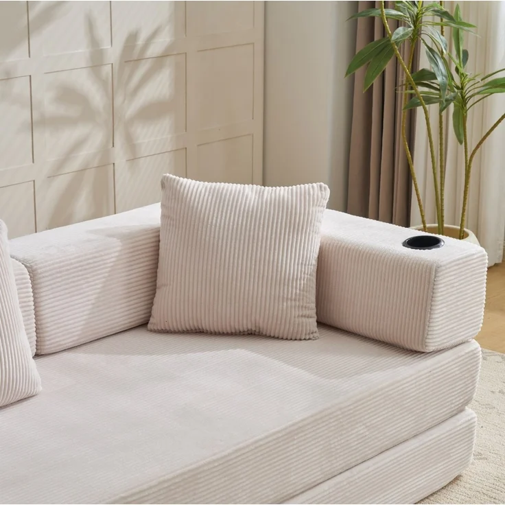 Schlafsofa aus Cord, klappbar mit Becherhaltern und Seitentaschen, 185x92,5x60 cm, Weiß – Bild 7