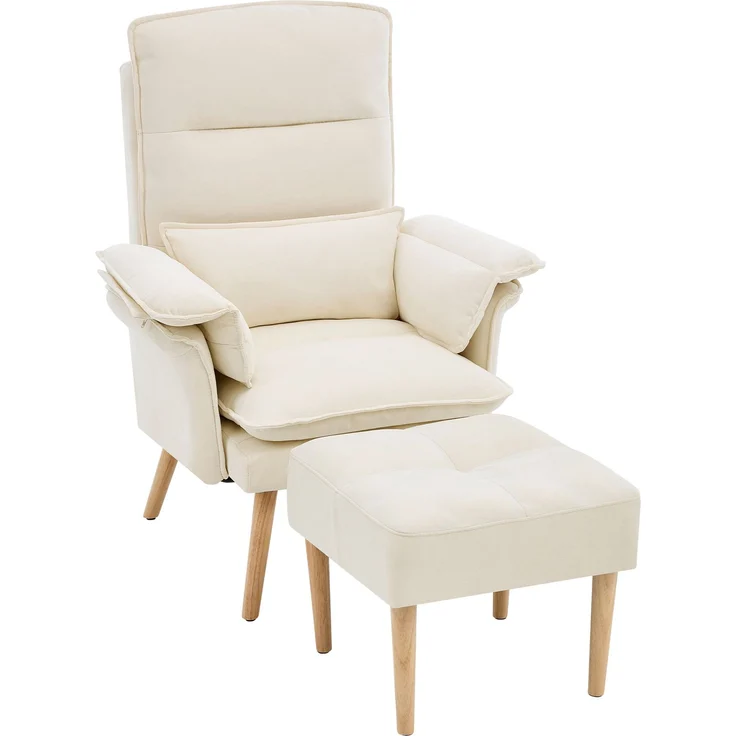 Merax Relaxsessel mit Hocker, 5-fach verstellbarer Liegesessel, gepolsterter Lesesessel & Fernsehsessel mit Kopf- und Armlehnenkissen, Polstersessel mit Holzbeinen, Beige – Bild 10