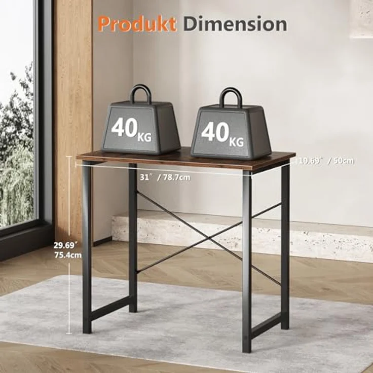 Sweetcrispy Schreibtisch, Kleiner Tisch 80 x 50 x 75.4cm (31in), Computertisch Metallgestell‌, Bürotisch für Arbeitszimmer, Schlafzimmer, Wohnzimmer, Study Table Desk, Braun – Bild 3